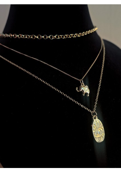 3’lü Set Altın Renk Fil ve Nazar Göz Figürlü Kadın Kolye modelleri