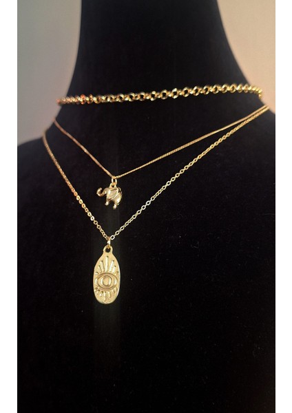 3’lü Set Altın Renk Fil ve Nazar Göz Figürlü Kadın Kolye
