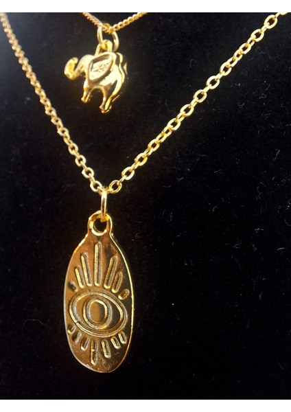 3’lü Set Altın Renk Fil ve Nazar Göz Figürlü Kadın Kolye