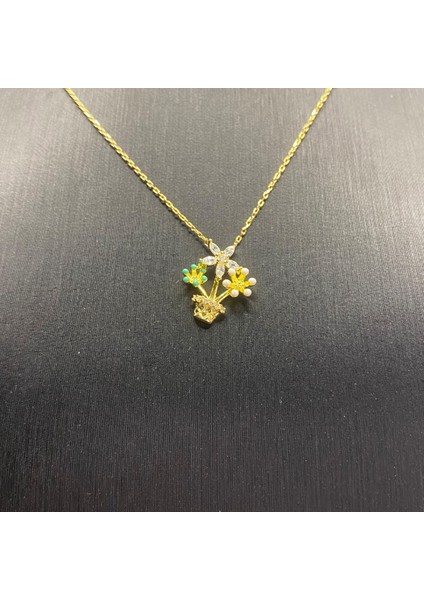 925 Ayar Gümüş Sarı Altın Kaplama Saksıda Çiçek Kolye