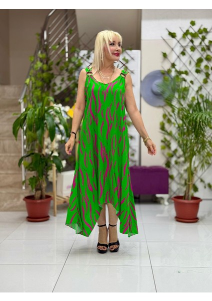 HL14015 Omzu Halkalı Askılı Viskon Hilal Elbise