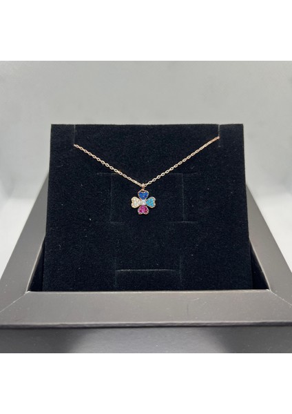925 Ayar Gümüş Rose Altın Kaplama Renkli Taşlarla Kaplı Çiçek Motifli Kolye fiyatları