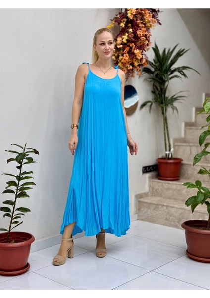 VL11199 Askılı Düz Vual Elbise Turkuaz