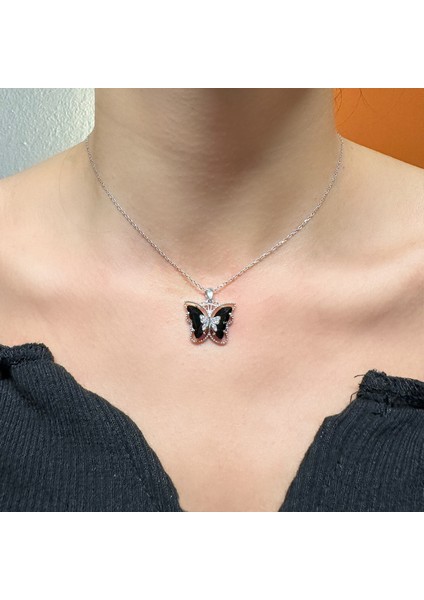 925 Ayar Gümüş Siyah Taşlı Çift Kelebek Kolye