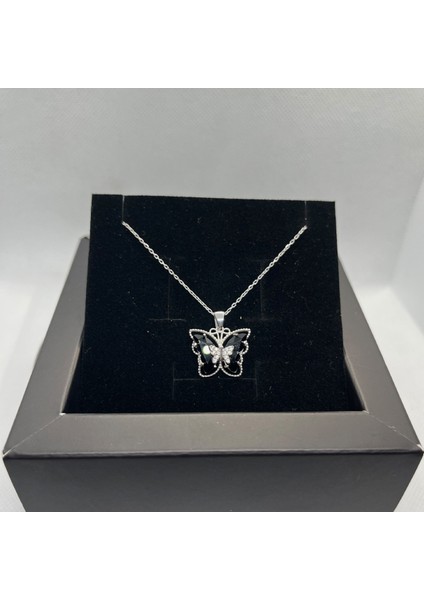 925 Ayar Gümüş Siyah Taşlı Çift Kelebek Kolye fiyatları