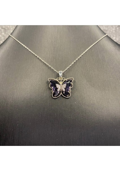 925 Ayar Gümüş Siyah Taşlı Çift Kelebek Kolye modelleri