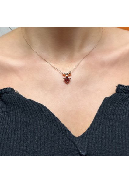 925 Ayar Gümüş Altın Kaplama Kırmızı Taşlı Kafes Kolye