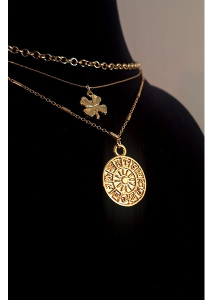 3’lü Set Altın Renk Yonca ve Burç Figürlü Kadın Kolye