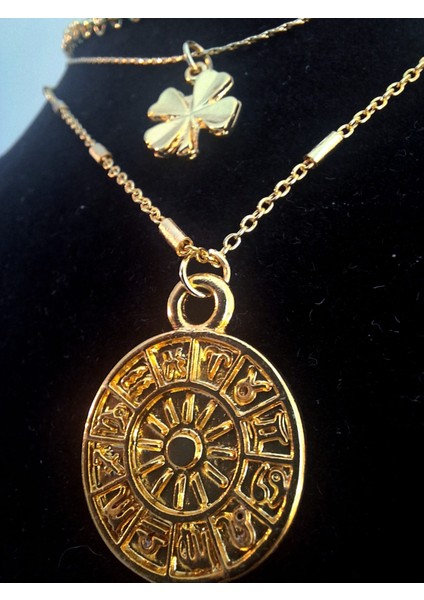 3’lü Set Altın Renk Yonca ve Burç Figürlü Kadın Kolye modelleri