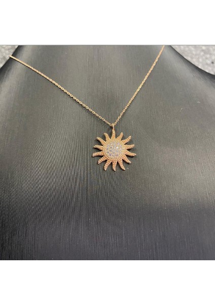 925 Ayar Gümüş Rose Kaplama Zirkon Taşlı Güneş Kolye