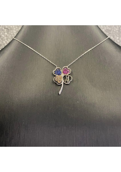 925 Ayar Gümüş Renkli Taşlı Aşk Yoncası Kolye