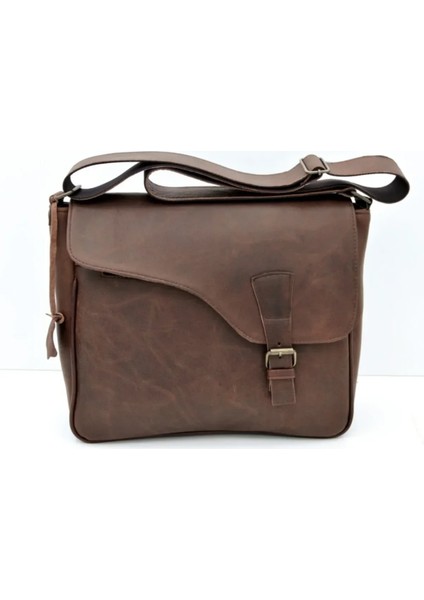 Eskitme Kahverengi Çok Gözlü Hakiki Deri Postacı&evrak Çantası