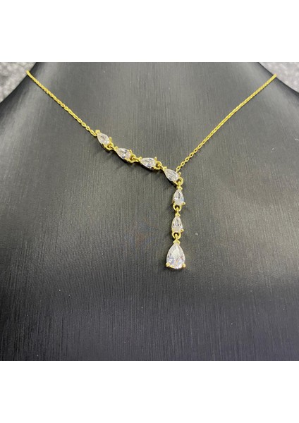 925 Ayar Gümüş Sarı Altın Kaplama Damla Taşlı Sarkıt Kolye