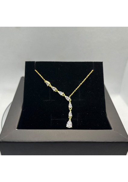 925 Ayar Gümüş Sarı Altın Kaplama Damla Taşlı Sarkıt Kolye fiyatları