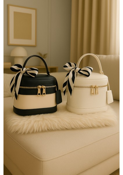 Kadın Dikdörtgen Formlu Çapraz Askılı Fular Hediyeli 2'li El ve Omuz Çantası Melina (krem'e siyah, krem)