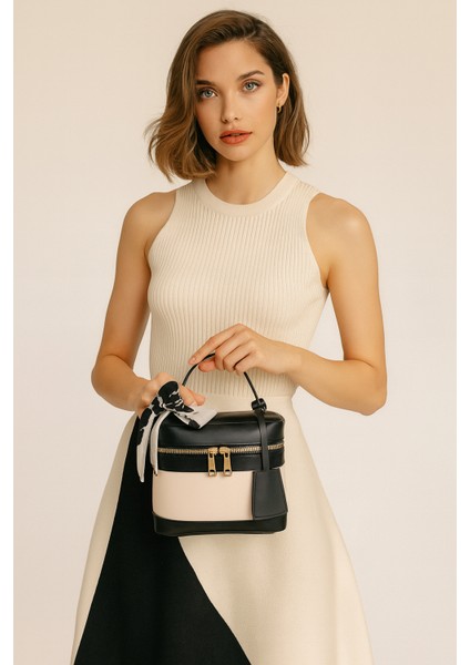 Kadın Dikdörtgen Formlu Çapraz Askılı Fular Hediyeli 2'li El ve Omuz Çantası Melina (krem'e siyah, krem) modelleri