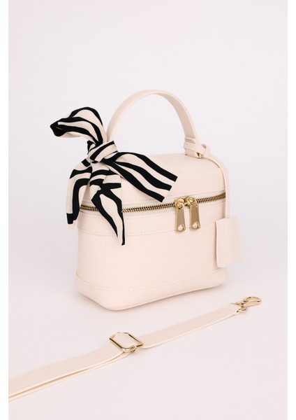 Kadın Dikdörtgen Formlu Çapraz Askılı Fular Hediyeli 2'li El ve Omuz Çantası Melina (krem'e siyah, krem)