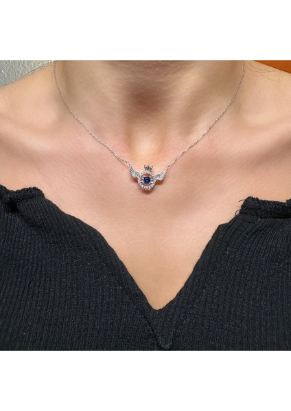 925 Ayar Gümüş Mavi Taşlı Melek Kalpli Tek Taş Yuvarlak Kolye