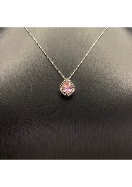 925 Ayar Gümüş Pembe Taşlı Damla Halo Kolye