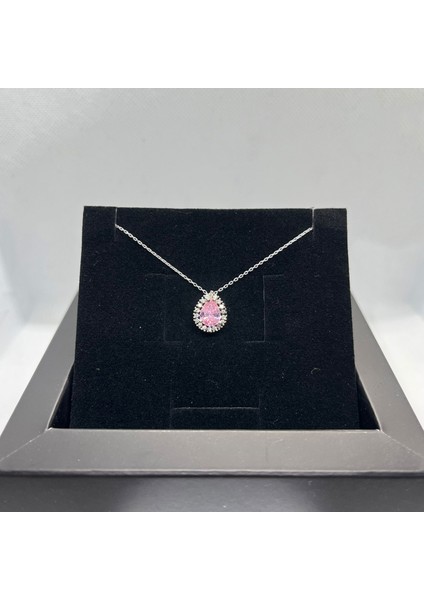 925 Ayar Gümüş Pembe Taşlı Damla Halo Kolye fiyatları