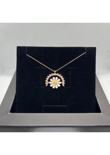 925 Ayar Gümüş Rose Altın Kaplama Zirkon Taşlı Papatya Parıltısı Kolye