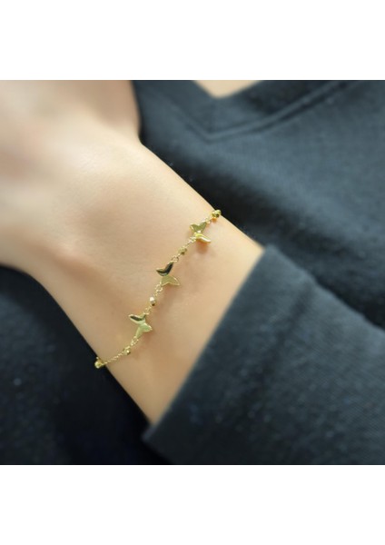 925 Ayar Gümüş Sarı Altın Kaplama Ithal Kelebek Zarif Bileklik