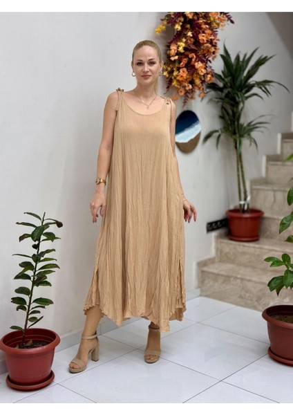 VL11199 Askılı Düz Vual Elbise Camel