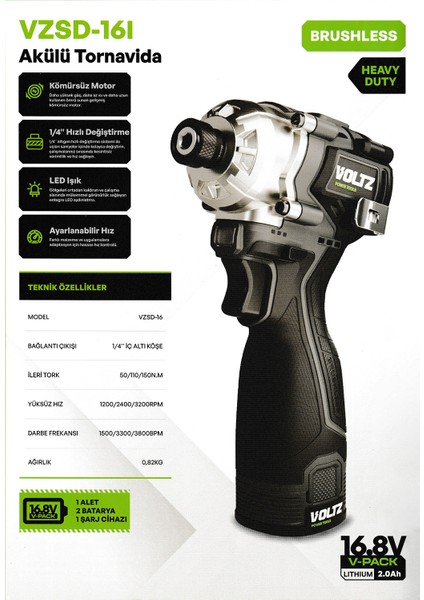Voltz Vzsd-16 Akülü Tornavida Kademeli Hız Kömürsüz 16.8 V 2.0 Ah modelleri