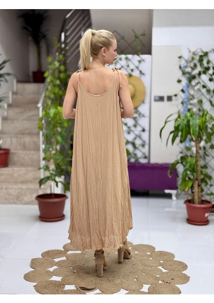 VL11199 Askılı Düz Vual Elbise Camel modelleri