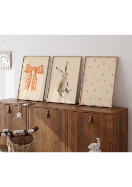 (Çerçevesiz) 3'lü Vintage Tavşanlı Çocuk Odası Posteri, Çerçevesiz Poster Seti, 3 Adet