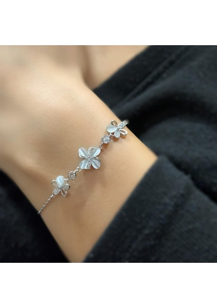 925 Ayar Gümüş Sedef Taşlı Yonca Zarif Bileklik