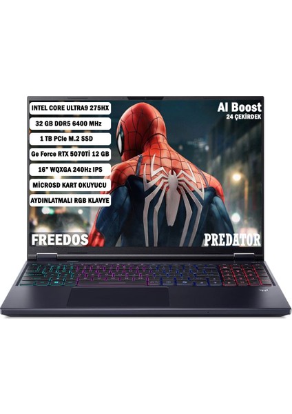 Predator PHN16-73 Core Ultra9 275HX 32 GB 1 TB RTX5070Tİ- 12GB 16'' WQXGA IPS FDOS NH.QX4EY.002