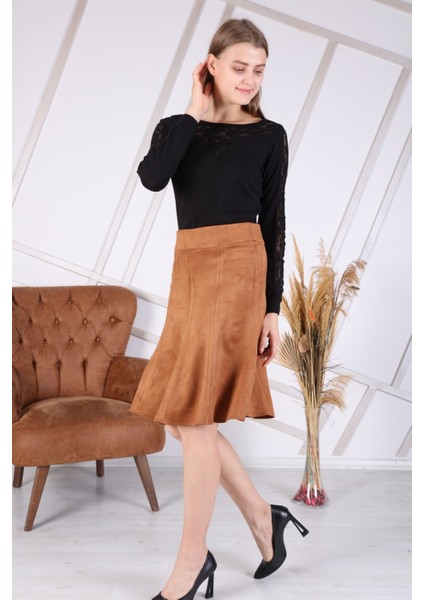 Kadın Taba Kışlık Parçalı Midi Boy Kloş Süet Etek 2154-60 modelleri