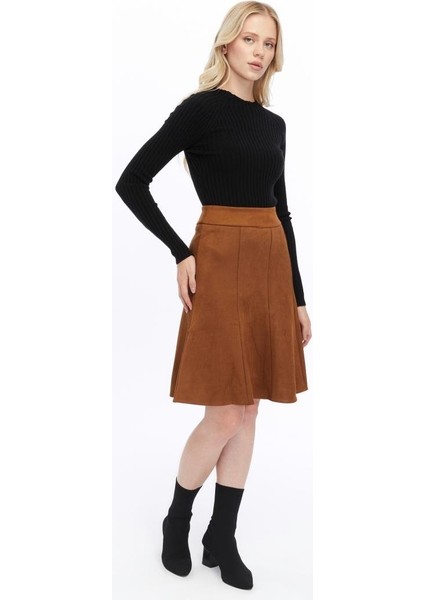 Kadın Taba Kışlık Parçalı Midi Boy Kloş Süet Etek 2154-60
