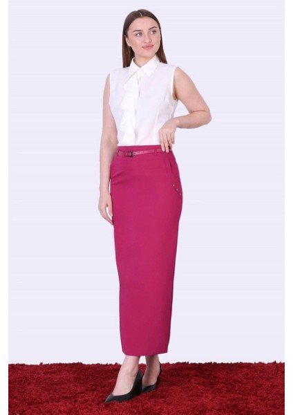 Kadın Pembe Kemerli Cep Ve Düğme Detaylı Poliviskon Tesettür Etek 2099-95