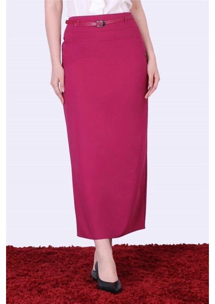 Kadın Pembe Kemerli Cep Ve Düğme Detaylı Poliviskon Tesettür Etek 2099-95