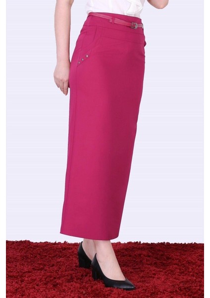 Kadın Pembe Kemerli Cep Ve Düğme Detaylı Poliviskon Tesettür Etek 2099-95