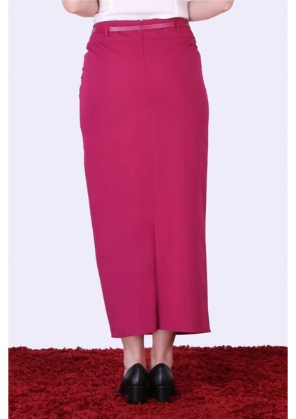 Kadın Pembe Kemerli Cep Ve Düğme Detaylı Poliviskon Tesettür Etek 2099-95