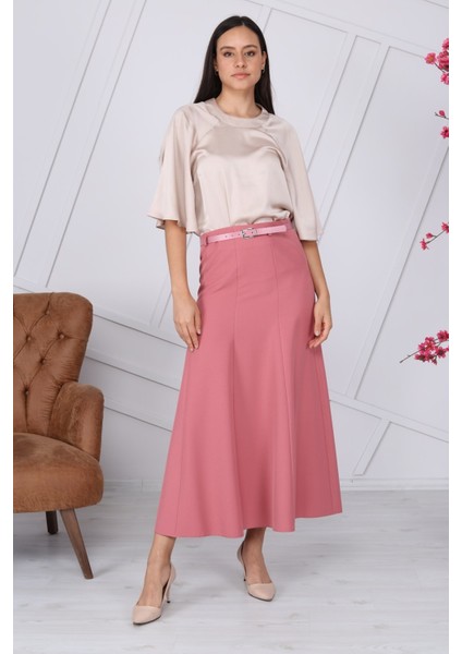 Kadın Gül Kurusu Mevsimlik Kemer Detaylı Parçalı Kloş Uzun Etek 1003-95