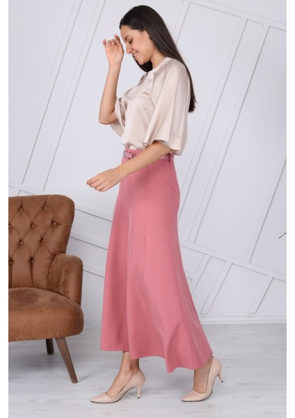 Kadın Gül Kurusu Mevsimlik Kemer Detaylı Parçalı Kloş Uzun Etek 1003-95 fiyatları