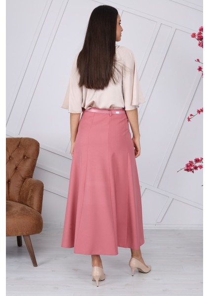 Kadın Gül Kurusu Mevsimlik Kemer Detaylı Parçalı Kloş Uzun Etek 1003-95 fırsatları