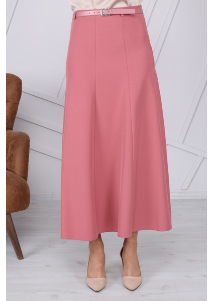 Kadın Gül Kurusu Mevsimlik Kemer Detaylı Parçalı Kloş Uzun Etek 1003-95 indirimleri