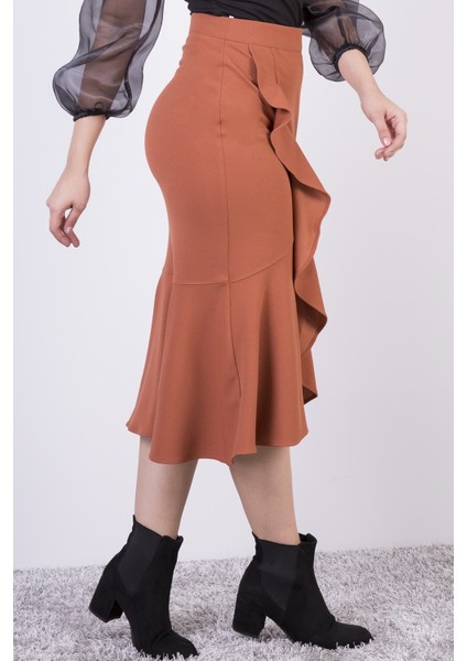 Kadın Tarçın Mevsimlik Volanlı Midi Boy Krep Eetek 2123-80 modelleri