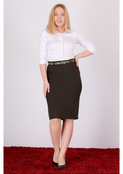 Kadın Siyah Kemer Detaylı Likralı Ofis Kalem Etek 1580-63