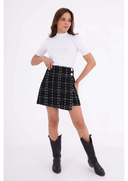 Kadın Düğmeli Tüvit Kumaş Mini Dokuma Etek 2188-45