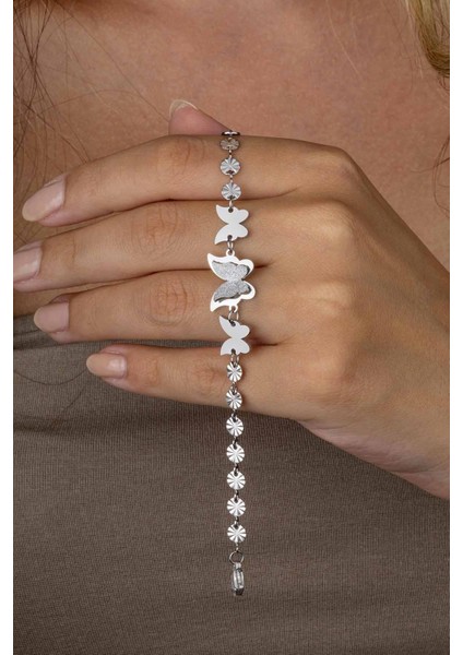 Beyaz Altın Kaplama Kelebek Kadın Çelik Bileklik