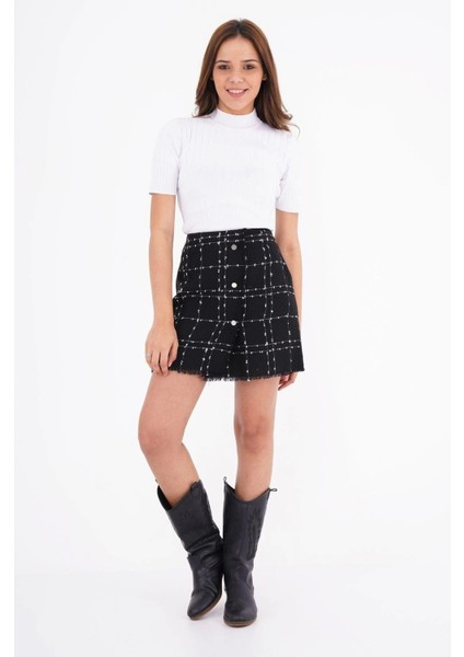 Kadın Düğmeli Tüvit Kumaş Mini Dokuma Etek 2187-45