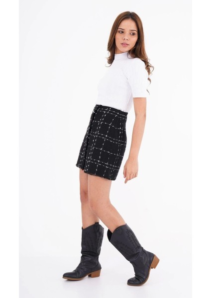 Kadın Düğmeli Tüvit Kumaş Mini Dokuma Etek 2187-45