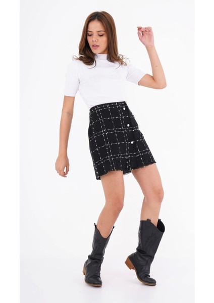 Kadın Düğmeli Tüvit Kumaş Mini Dokuma Etek 2187-45