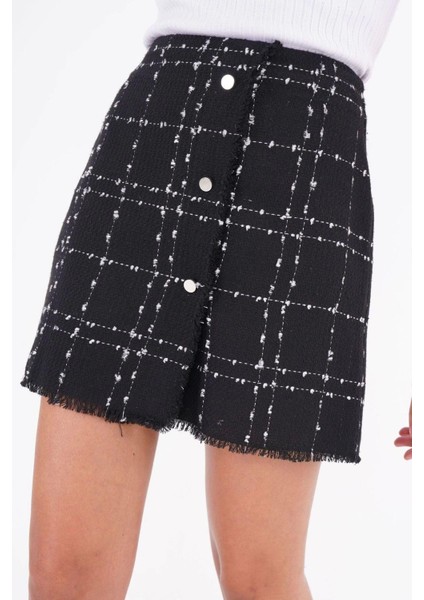 Kadın Düğmeli Tüvit Kumaş Mini Dokuma Etek 2187-45